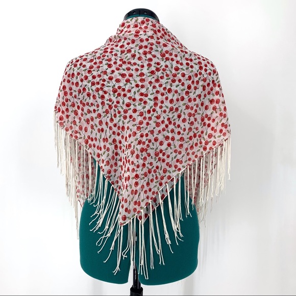 Square Fringed Scarf with All Over Cherry Pattern - Picture 1 of 12
